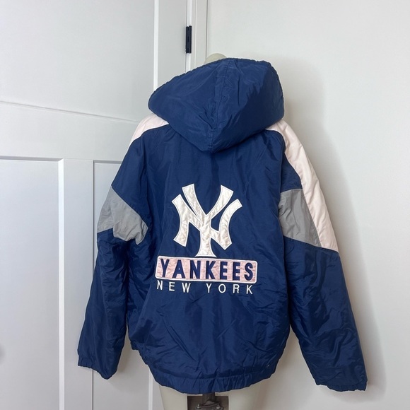 NY Yankees Pullover Jacket – Size L | Navy Blue Colorblock Hooded Windbreaker - Picture 3 of 9